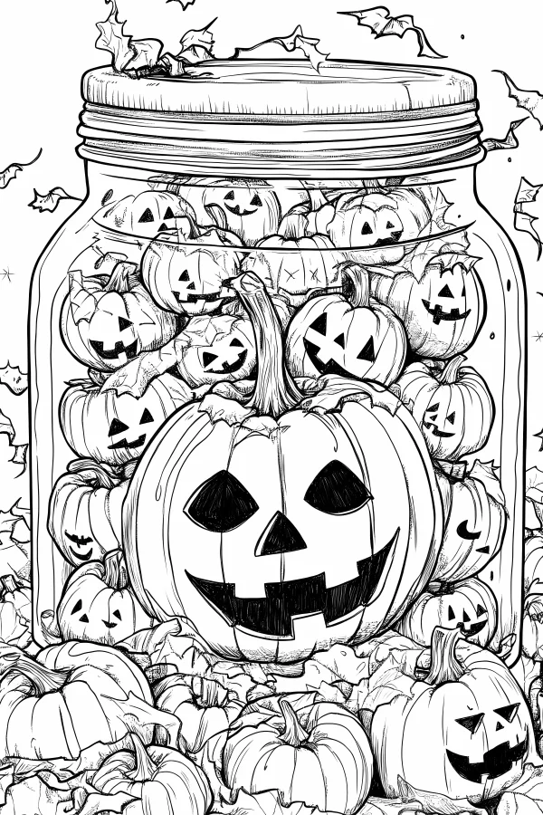 Glass jar filled with jack-o'-lanterns, cartoon style — free printable horror coloring book page