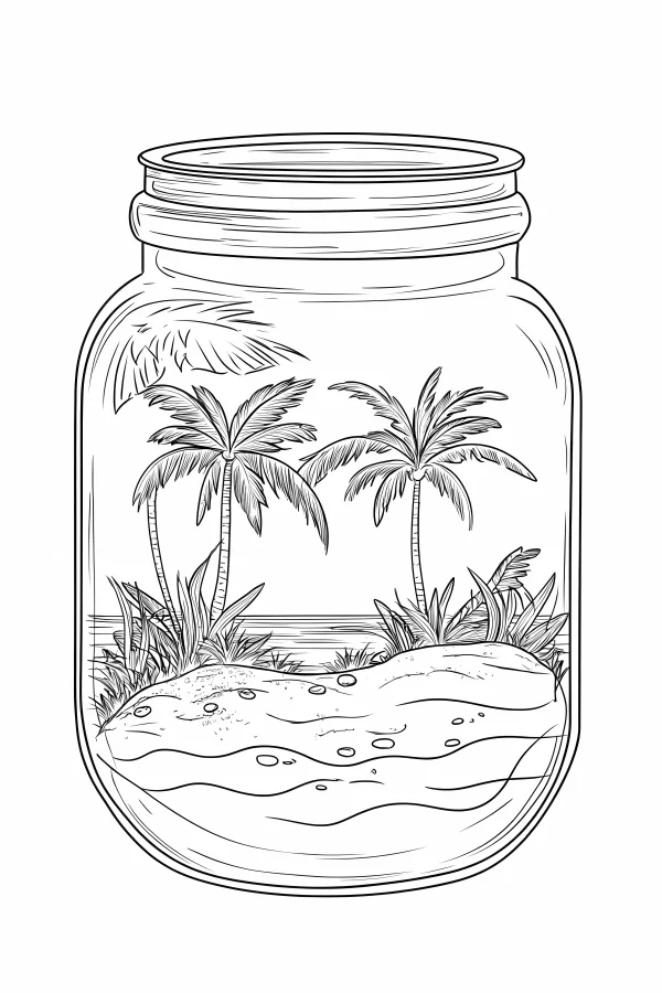 Tropical beach micro landscape in a glass jar, line art style — free printable summer coloring book page