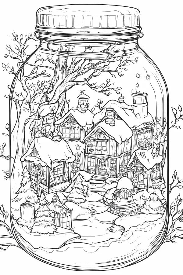 Coloring book page, winter town inside a glass mason jar — free printable small town life coloring book page