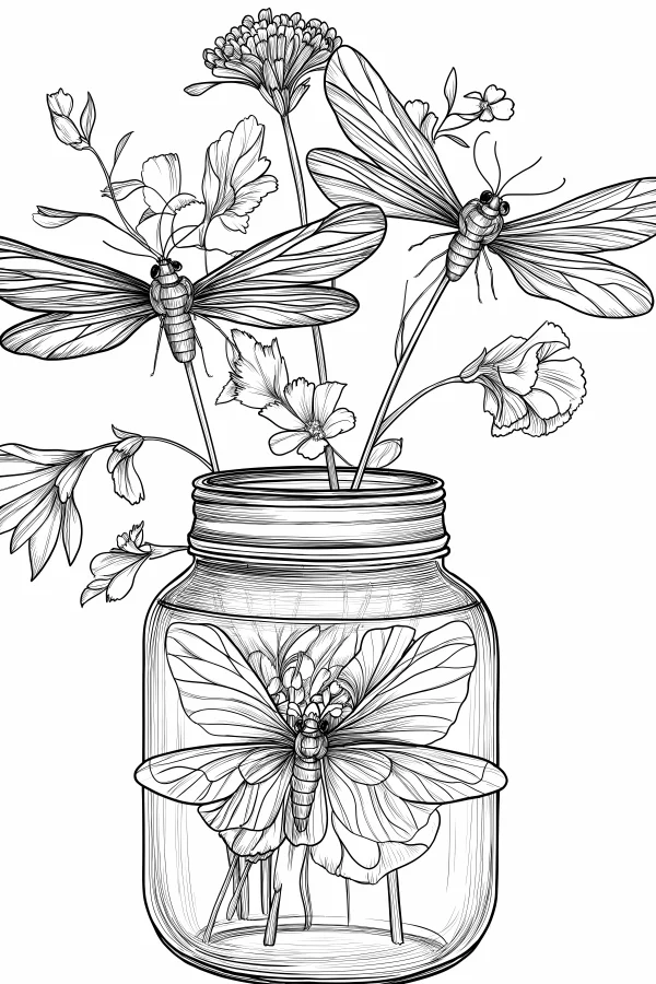 Mason jar with butterflies and various flowers, fine clean organic lines — free printable animal theme coloring book page