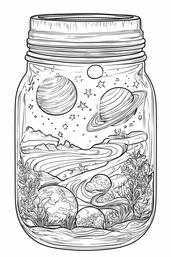 Miniature space and nature scene in a glass jar, fantasy style — free printable sci-fi coloring book page