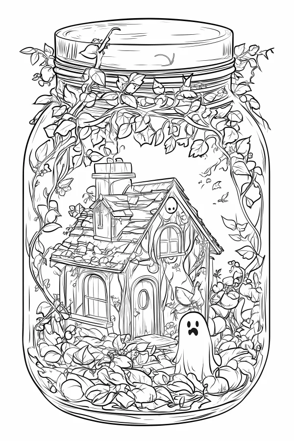 Glass jar with fairy tale cottage and cute ghost, cartoon style — free printable halloween coloring book page