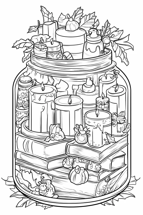 Glass jar filled with lit candles and stacked books, decorated with small pumpkins and holly leaves — free printable autumn coloring book page