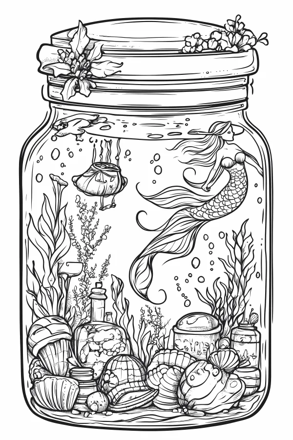 Mermaid in a glass jar with underwater micro landscape including shells, seaweeds — free printable fantasy creatures coloring book page