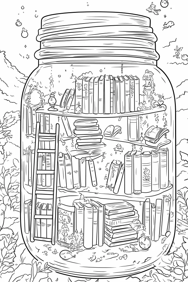 Mini library inside a glass jar, fantasy illustration style — free printable reading coloring book page