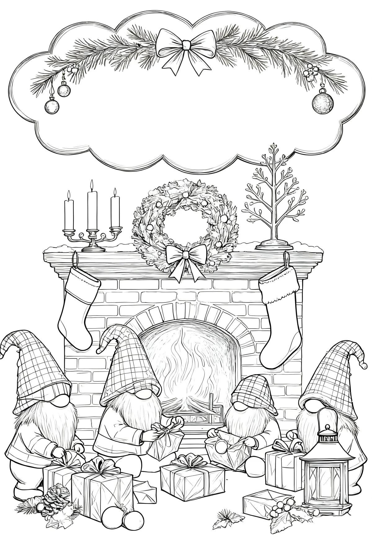 Gnomes opening gifts in front of christmas fireplace, cartoon style — cartoon style — moderate detail — line art coloring page — for kids and adults of all ages