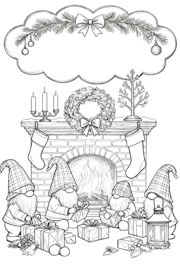 Gnomes opening gifts in front of christmas fireplace, cartoon style — free printable family coloring book page