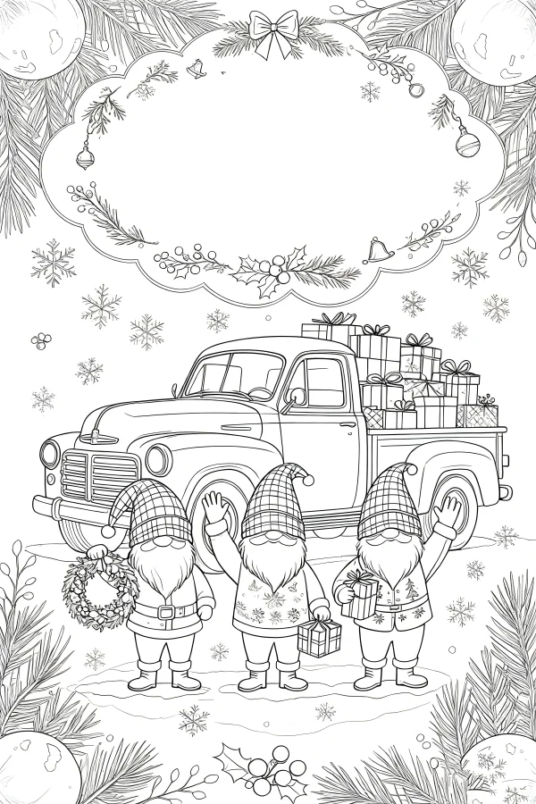 Christmas gnomes with vintage truck loaded with gift boxes, cartoon style — free printable cartoon coloring book page
