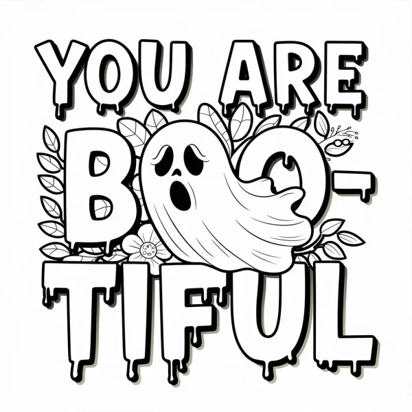 Cute ghost with decorative bold dripping text 'you are boo-tiful', cartoon style — free printable creativity coloring book page