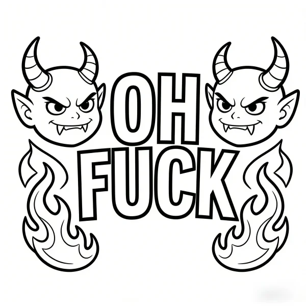 Angry little demons with 'oh fuck' text, cartoon style — free printable horror coloring book page