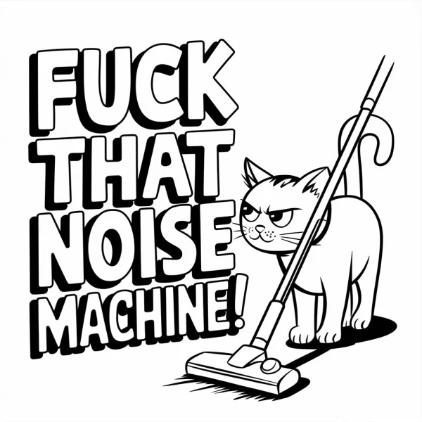 Angry cat with a vacuum cleaner, cartoon style — free printable pets coloring book page