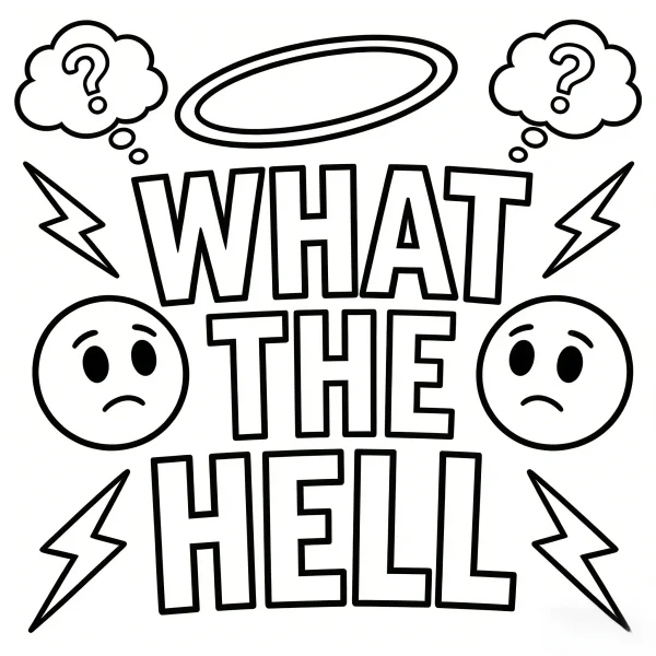 Emotional release text 'what the hell' paired with sad emojis, thought bubbles with question marks — free printable emotional expression coloring book page