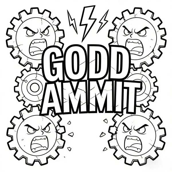 Angry anthropomorphic gears with furious facial expressions, cartoon style — free printable emotional expression coloring book page