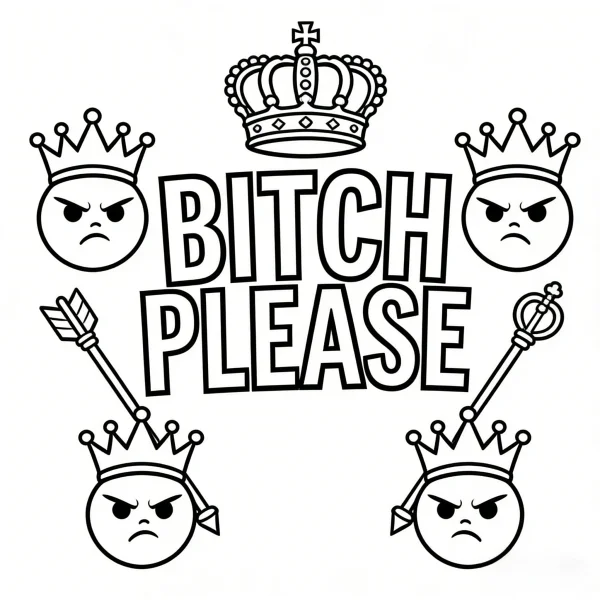 Angry cartoon faces with crowns, bold text 'bitch please' — free printable creativity coloring book page