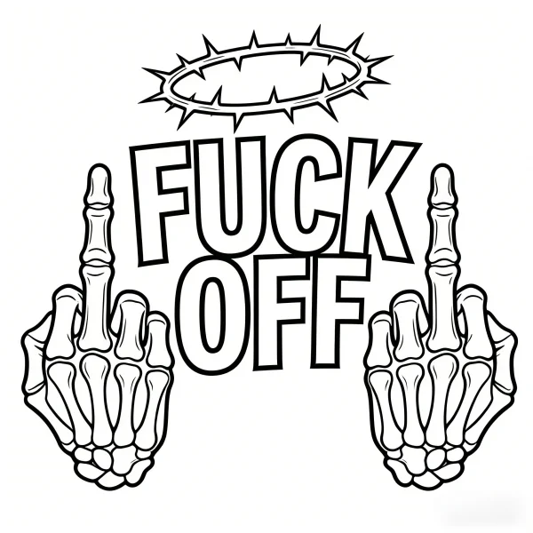 Skeleton hands flipping the middle finger with crown of thorns and bold text 'fuck off', gothic dark style — free printable horror coloring book page