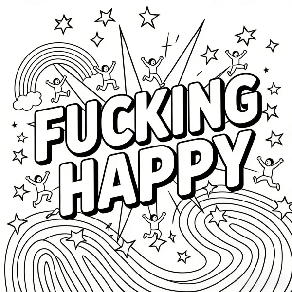 Bold decorative text 'fucking happy' with cheering small figures, cartoon and decorative art style — free printable creativity coloring book page