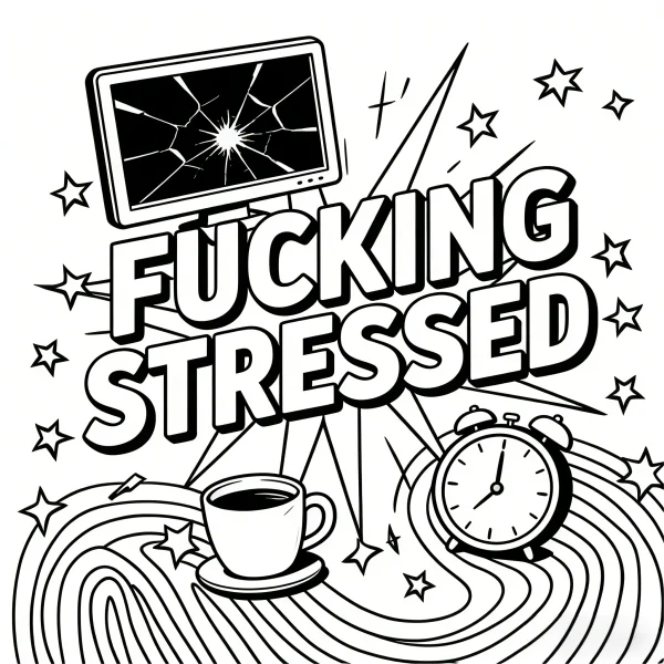 Stress relief themed line art, with cracked computer monitor — free printable work coloring book page
