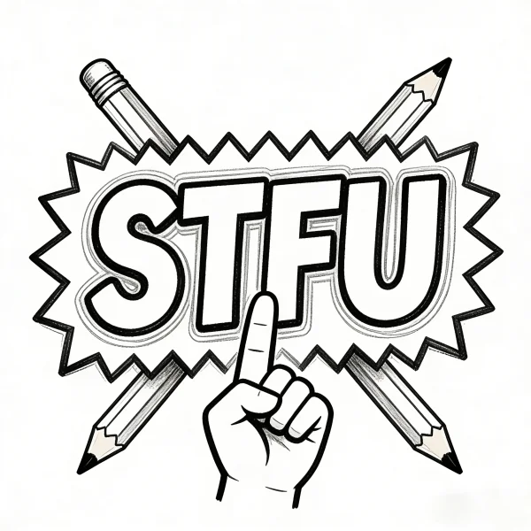 Middle finger gesture with stfu text in explosion burst frame, surrounded by four crossed pencils — free printable emotional release coloring book page