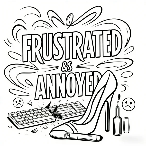 High heel crushing a keyboard, cartoon doodle style — free printable emotional expression coloring book page