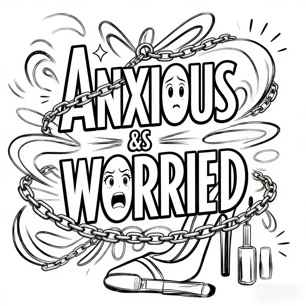 Anxious and worried text with sad and scared facial expressions, wrapped by metal chains — cartoon style — moderate detail — line art coloring page — for kids and adults of all ages