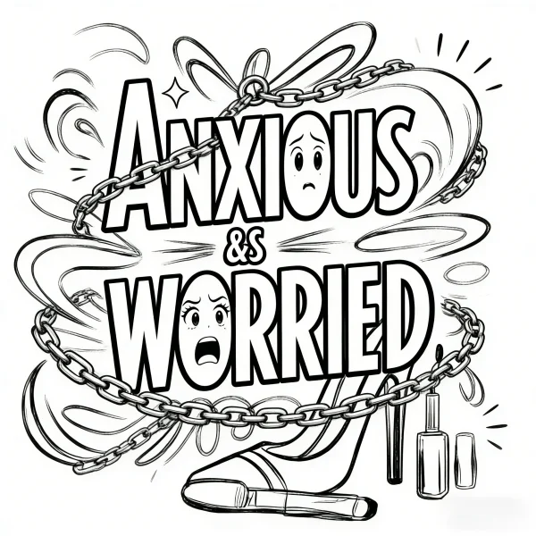 Anxious and worried text with sad and scared facial expressions, wrapped by metal chains — free printable fashion coloring book page