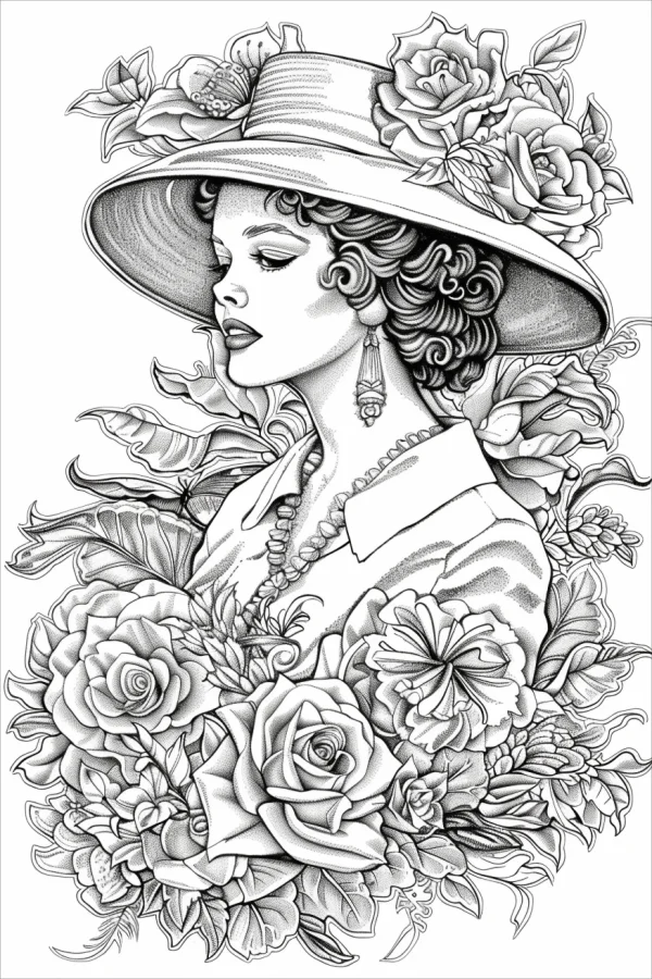 Coloring book page, elegant curly-haired woman wearing wide-brimmed hat adorned with flowers — free printable fashion coloring book page