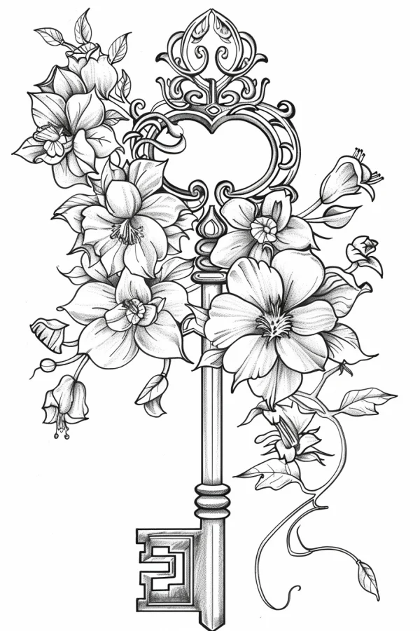 Vintage carved key intertwined with blooming flowers and vines, vintage art style — free printable vintage coloring book page