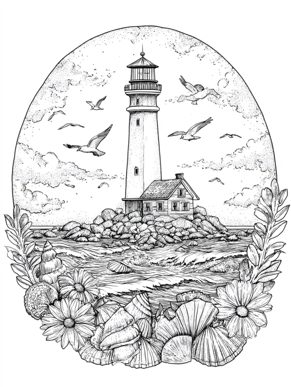 Coastal lighthouse with attached house on rocky shore, realistic  surrounded by seashells — free printable architecture coloring book page