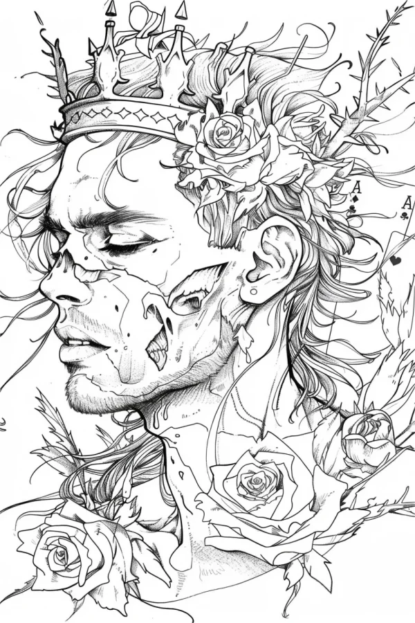 Damaged man with thorn crown and cracked face, gothic style — free printable horror coloring book page