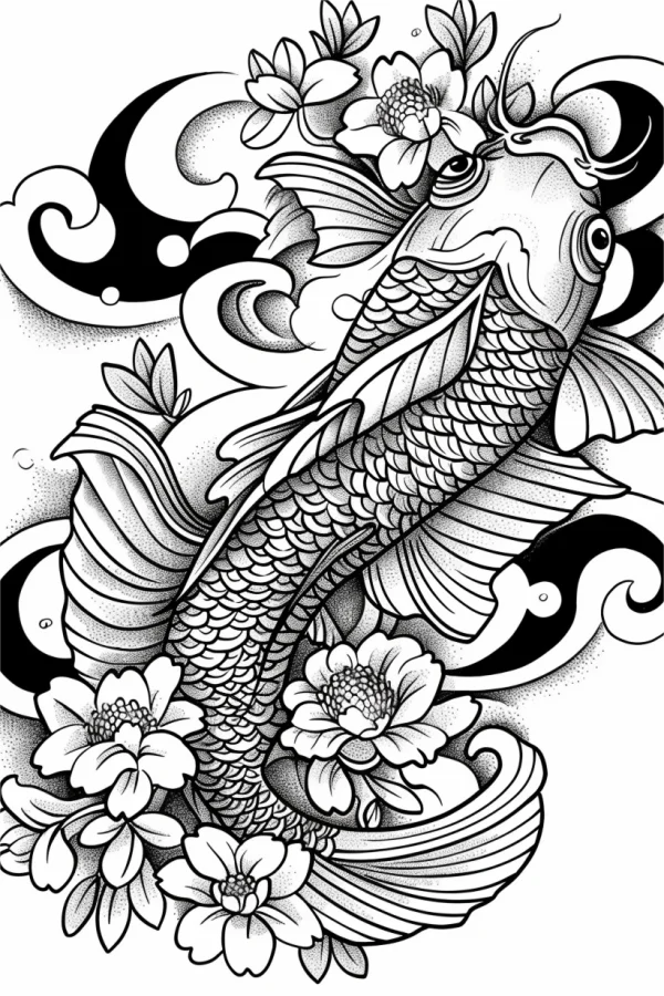 Coloring book page, japanese koi fish with blooming flowers — free printable japanese coloring book page