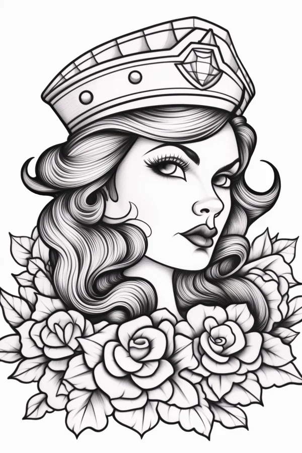 Queen wearing a crown surrounded by blooming roses, vintage illustration style — free printable characters coloring book page