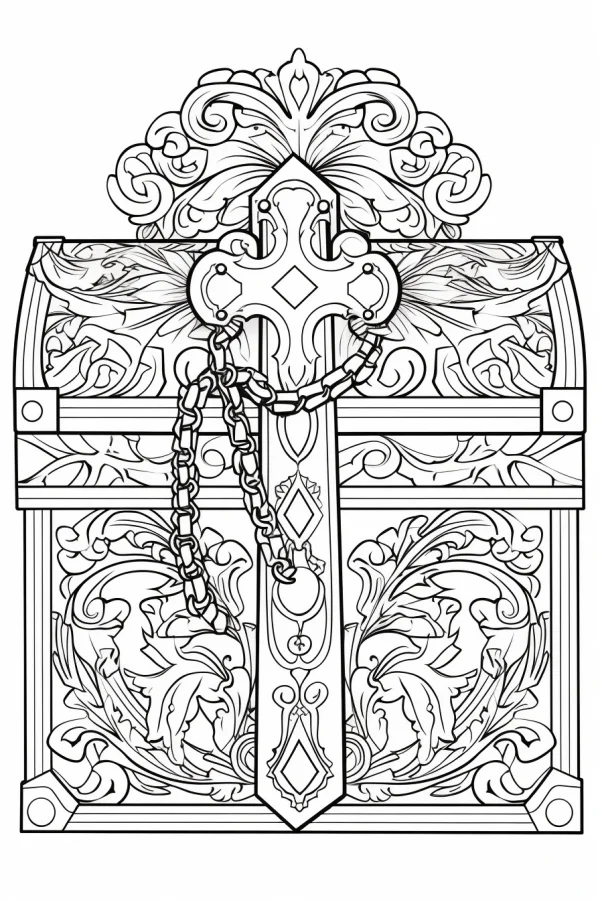 Ornate vintage treasure chest with cross, decorative art style — free printable vintage coloring book page