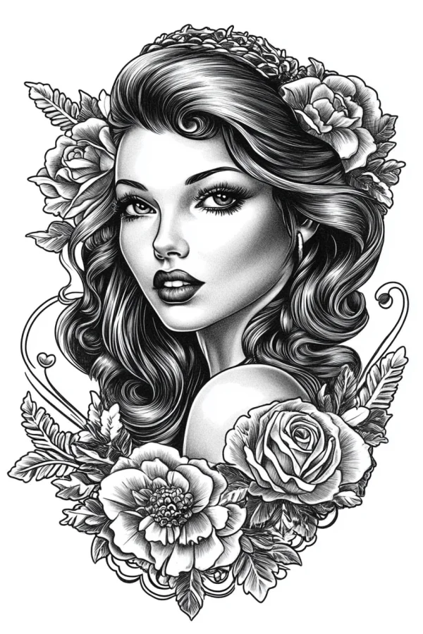 Vintage curly-haired girl surrounded by roses and peonies, realistic vintage style — free printable characters coloring book page