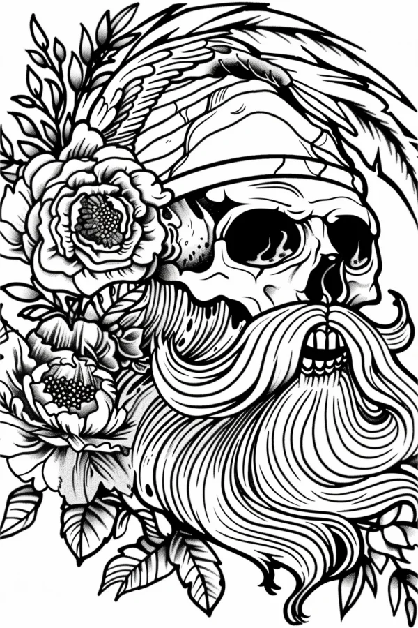 Viking-style skull with peonies and leaves, gothic style — free printable horror coloring book page