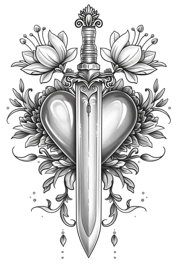Sword piercing heart surrounded by lilies and vines, vintage illustration style — free printable love coloring book page