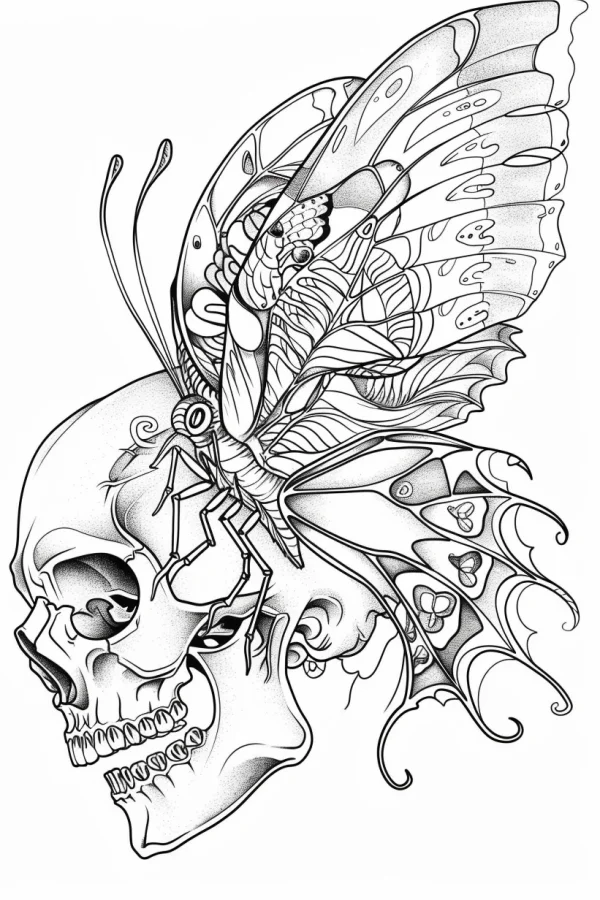 Skull with a butterfly perched on it, gothic style — free printable horror coloring book page