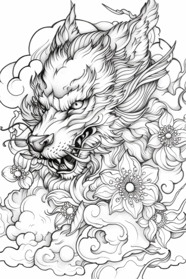 Fantasy wolf head, chinese style with cloud patterns and surrounding flowers — free printable fantasy creatures coloring book page