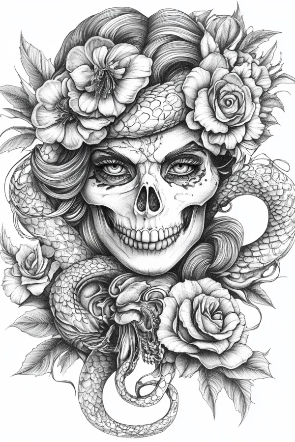 Day of the dead style skull woman adorned with roses and hibiscus flowers, coiled by a detailed snake — free printable horror coloring book page