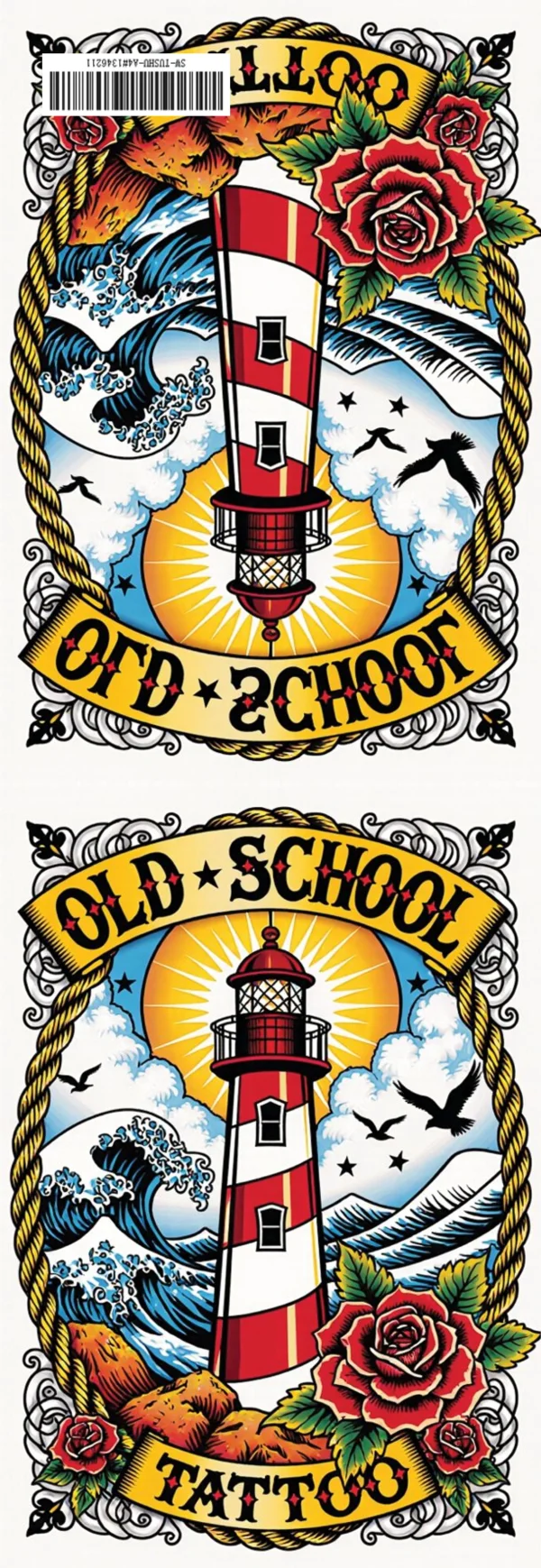 Old school tattoo design, vertical two panels of lighthouse with red roses — free printable vintage coloring book page