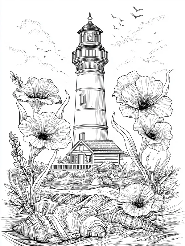 Seaside lighthouse with small wooden cottage, realistic line art style — free printable ocean coloring book page