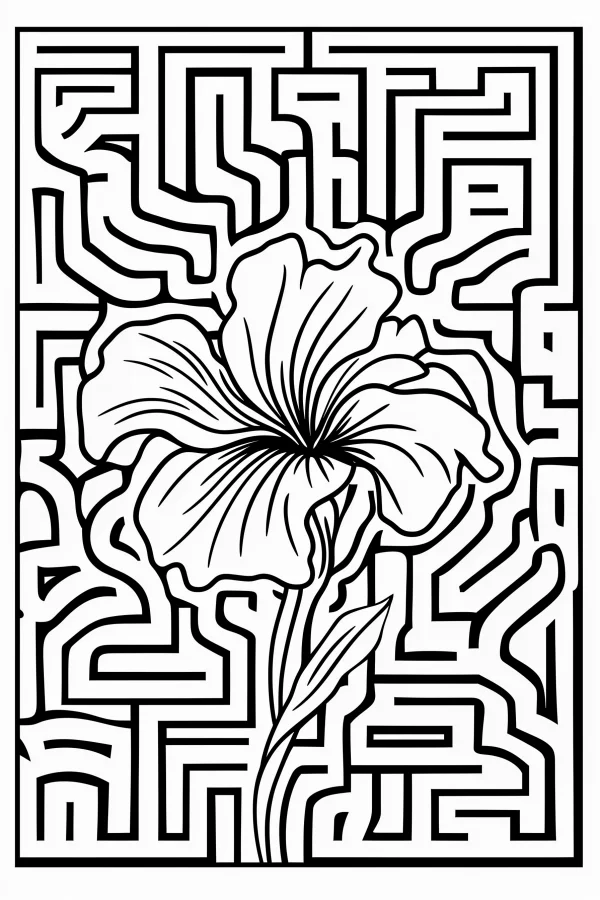 Iris flower surrounded by intricate geometric maze patterns, line art style — free printable creativity coloring book page