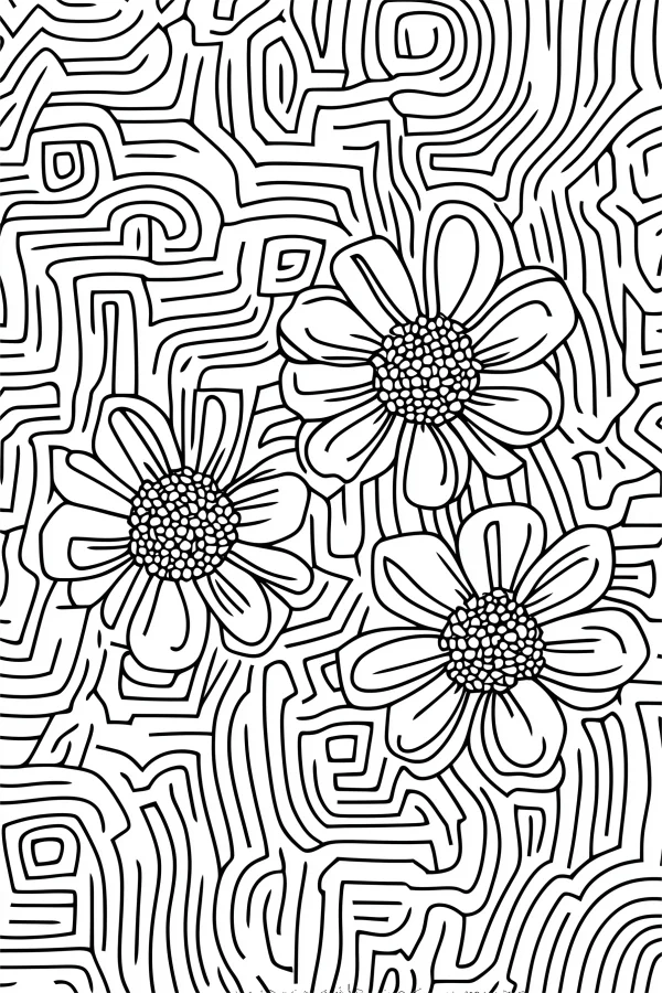 Daisy-like flowers with abstract winding line background, abstract art style — free printable creativity coloring book page