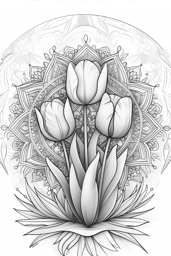 Mandala with three tulips, decorative art style — free printable creativity coloring book page