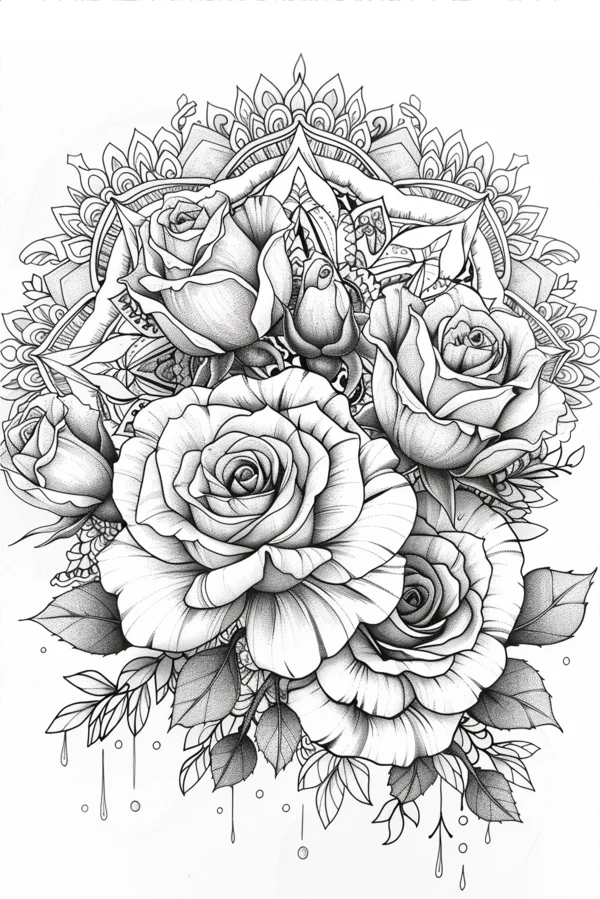 Mandala style roses with leaves and vines, decorative art and sketch style — free printable culture coloring book page