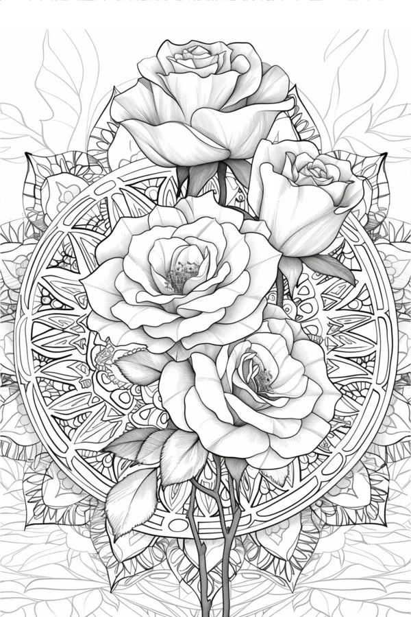 Roses surrounded by intricate mandala pattern, floral decorative art style — free printable creativity coloring book page