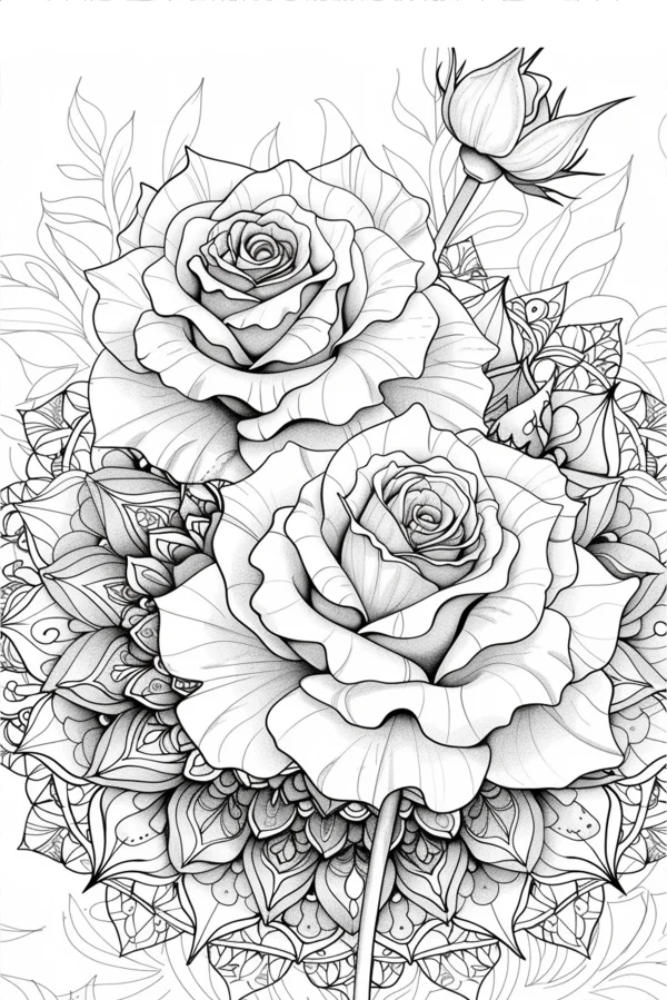 Coloring book page, mandala-style roses with a rose bud — free printable art coloring book page