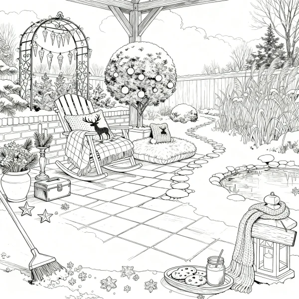 Cozy winter patio with rocking chair, realistic illustration style — free printable gardening coloring book page
