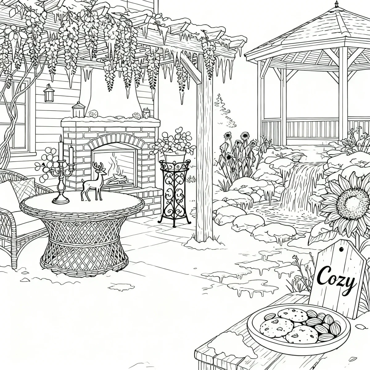 Coloring book page, cozy winter backyard patio with outdoor fireplace — moderate detail — line art coloring page — for kids and adults of all ages