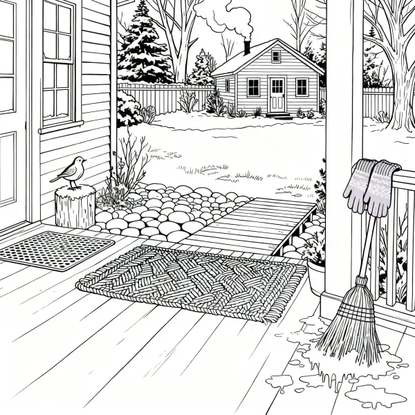 Winter porch scene with country house in background, fine clean outlines — free printable family coloring book page
