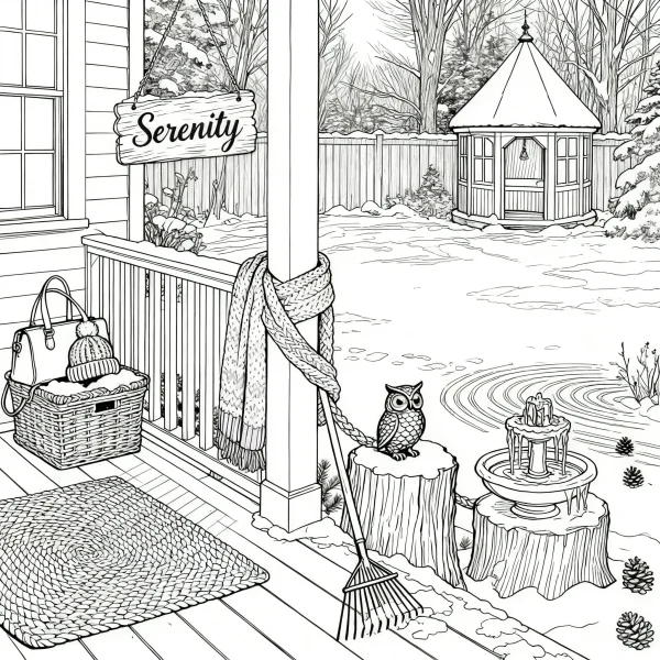 Winter residential porch scene, realistic line art style — free printable winter coloring book page